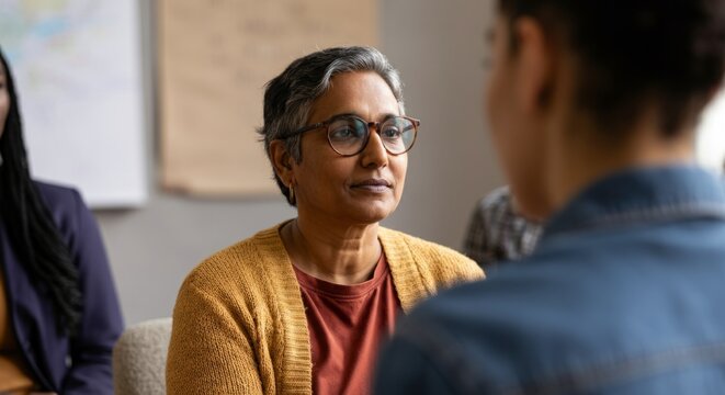 Mature asian female in counseling session with diverse group facing each other