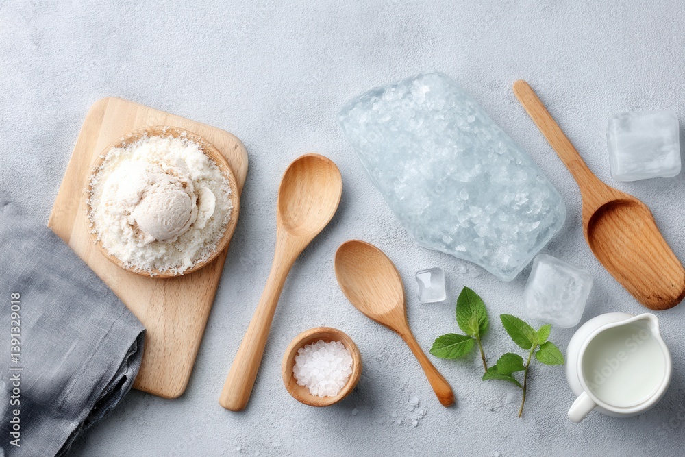 Poster top view of creamy ice cream with ice block and fresh mint on a textured background for summer desse
