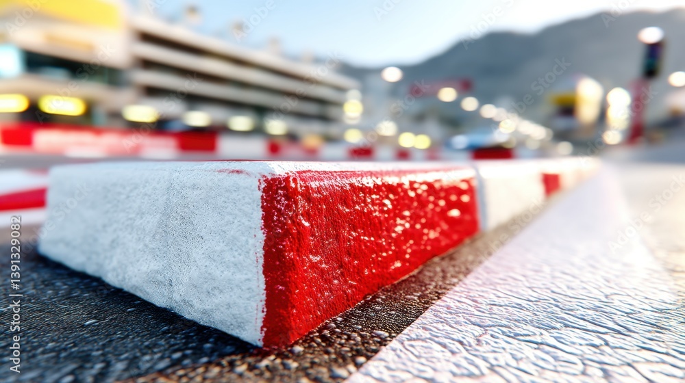 Poster vivid racing circuit curb close up capturing speed and precision in motorsport arena with blurred ba