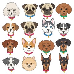 Naklejka premium Big Collection of Cartoon Dog Heads in Flat Style