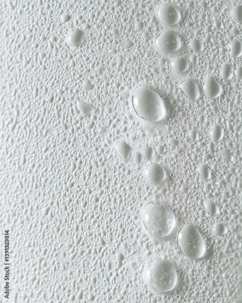 Poster serene water droplets on textured white surface capturing refreshment purity and cleanliness in macr