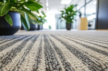 Modern office space hallway with plants and striped carpet
