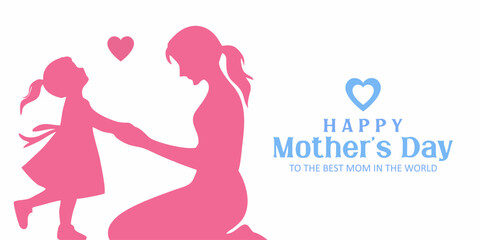 Mothers Day greeting card. Vector banner with mother and daughter silhouette in pink. Flying heart and tender gesture showing love. Symbols of motherhood and affection on white background.