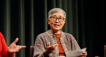 Elderly asian female engaging in public speaking on stage with dark green curtain background