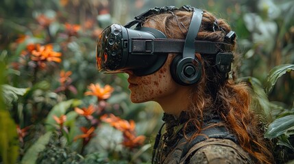 Woman in VR headset exploring virtual jungle.