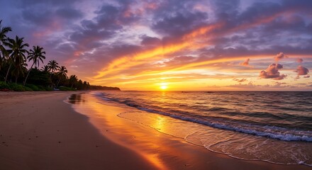 Vibrant beach sunset with palm trees