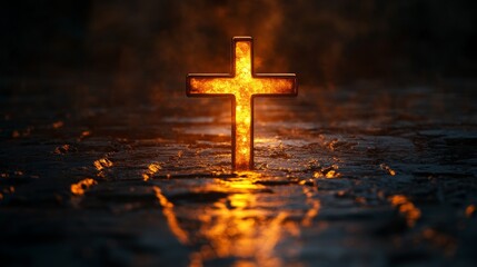 Glowing Cross Symbolizing Faith, Easter Hope, and Redemption: A Powerful Image of Religious Significance and Spiritual Awakening on a Stone Surface.