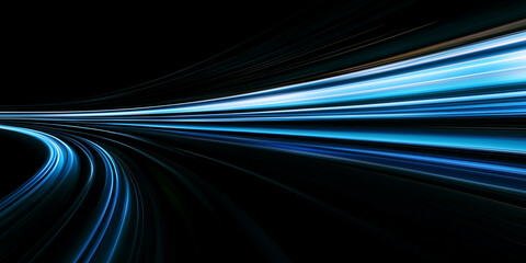 blue gradient speed light motion blur effect on black background,blank glowing speed lines for design banner poster wallpaper with copy space
