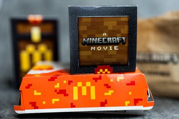 Fototapeta premium Bangkok, Thailand - April 8, 2025 : Box form McDonald’s Minecraft collectibles. Minecraft toy random box.