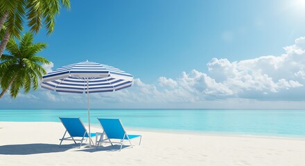 Obraz premium Beach chairs under striped umbrella