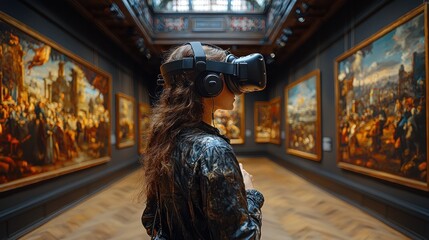 Woman exploring art museum with VR headset.