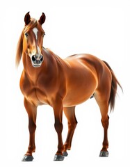 Obraz premium A powerful brown horse stands alone against a white background, horse portrait, brown coat, equine