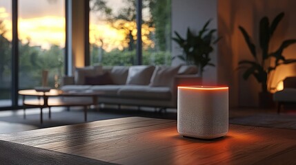 Smart speaker on wooden table in modern living room at sunset. (1)