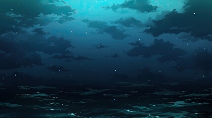Obraz premium Deep dark blue sky filled with fluffy clouds and sparkling stars creating a mystical atmosphere of nighttime wonder and serenity