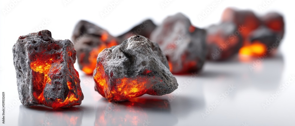 Poster glowing embers of coal on a reflective surface creating a warm and intense light with a white backgr