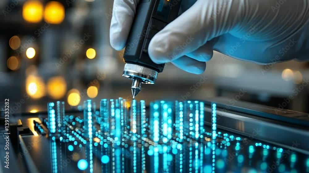 Poster technicians precision tool crafting intricate circuit board designs with skill and focus on glowing 