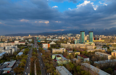 Obraz premium View from a quadcopter on the central part of the Kazakh city of Almaty in the early spring 