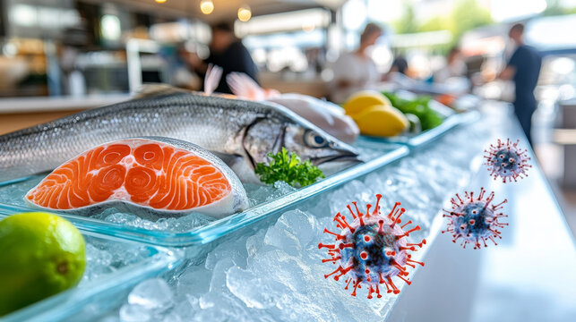 vibrant seafood market display featuring fresh fish and colorful vegetables, with visual representation of viruses, highlighting health concerns in food safety