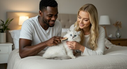 A couple lovingly grooming their pet cat in a cozy bedroom.