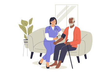 Illustration of nurses take care of the elderly in a nursing home. Illustrations for websites, landing pages, mobile apps, posters and banners