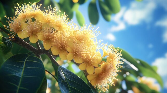 Yellow flowers bloom sunny orchard spring day