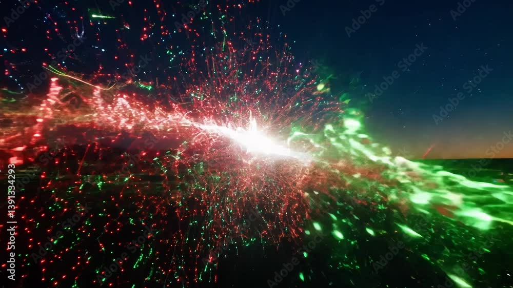 Poster zoom in video, intense interaction of red and green data streams striking dynamically, vibrant digit