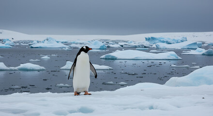 Obraz premium Gentoo Penguin Standing on Antarctic Ice with Floating Icebergs