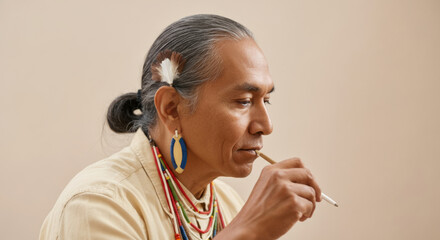 Mature native american male artist wearing traditional attire while concentrating on a brush stroke