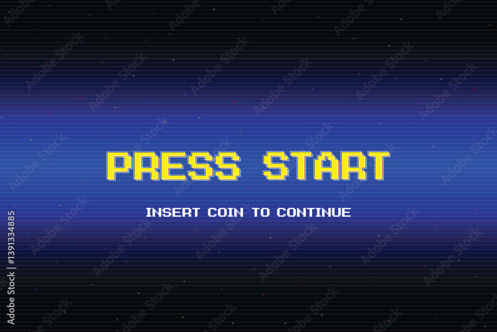 Poster press start insert a coin to continue. pixel art .8 bit game. retro game. for game assets. retro fut