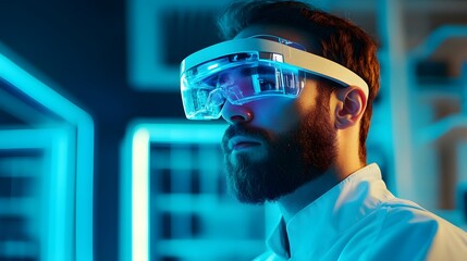 Man immersed in augmented reality, exploring new frontiers with futuristic smart glasses, navigating a digital world with seamless precision.