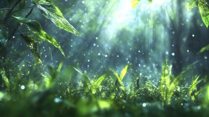 Lush green forest floor bathed in sunlight