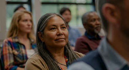 Mature hispanic woman attending educational seminar with diverse group