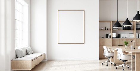 Empty framed poster template on clean white wall in bright office interior with wooden desk, chairs, shelves, and window. Concept of advertising. Ai generative