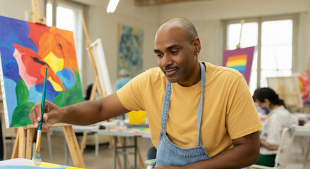 African male adult artist painting in studio with colorful canvases and natural light
