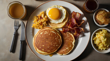 Golden Breakfast: Pancakes, Egg, Bacon, and Sides Overhead View