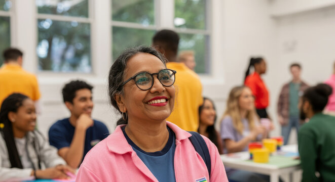 Smiling mature asian woman in classroom setting with diverse group of young adults