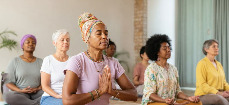 Diverse group of mature women practicing meditation and mindfulness in a serene setting