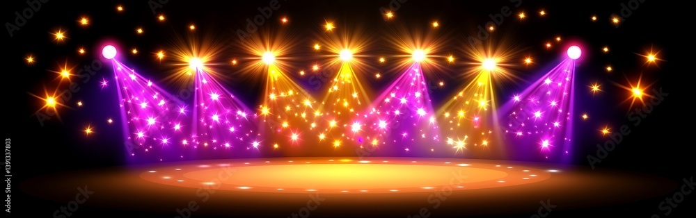 Poster dynamic stage illumination with dazzling spotlight array and sparkling stars