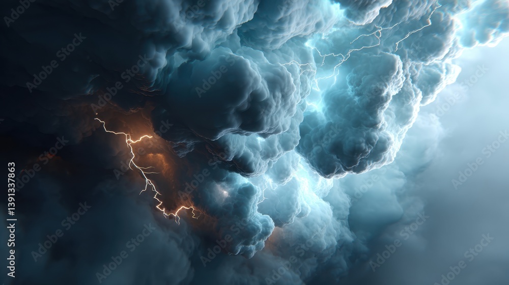 Aufkleber dramatic stormscape featuring powerful lightning strikes illuminating billowing clouds in a dynamic 