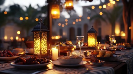 Fototapeta premium Romantic outdoor dinner, lanterns, villa, sunset