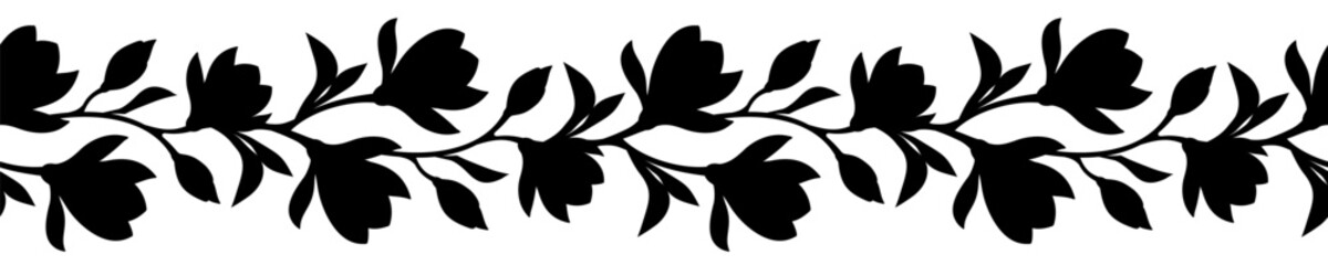Horizontal seamless border with magnolia flowers. Vector black and white floral vignette