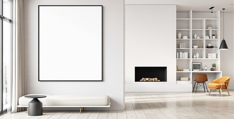 Large blank poster frame on clean wall inside modern bright interior with creative layout, cozy furniture, and decorative shelf elements. Ai generative