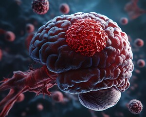 3D render of a human brain with a red tumor growing on the surface, inflamed and destructive, highlighting the complexity of cancer