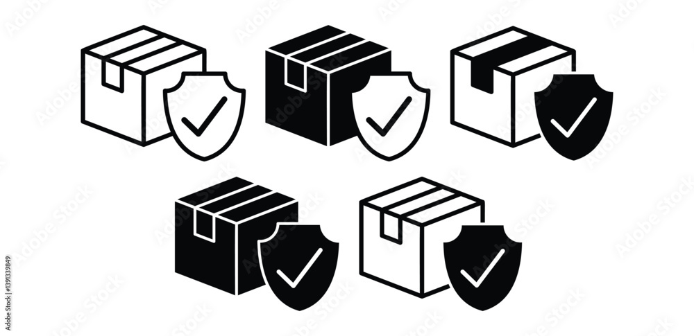 Poster insurance packaging icons secure boxes with check marks vector design