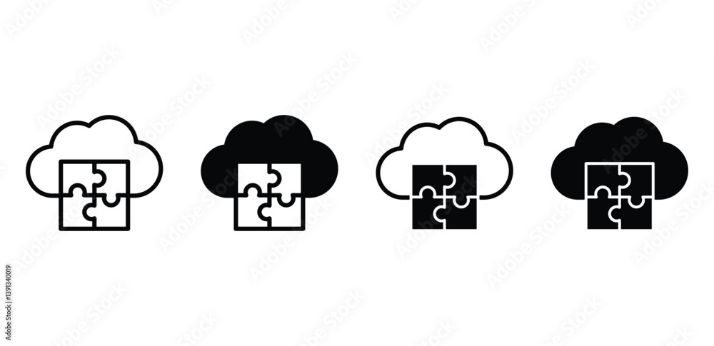 Poster cloud integration api puzzle pieces icon set black white color vector design