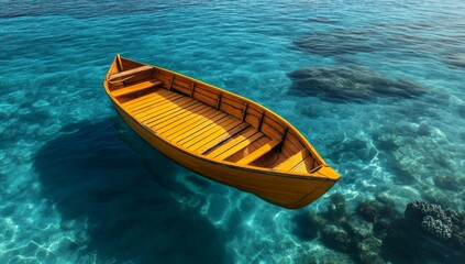 Naklejka premium Wooden boat floats peacefully in crystal-clear turquoise water over coral reefs