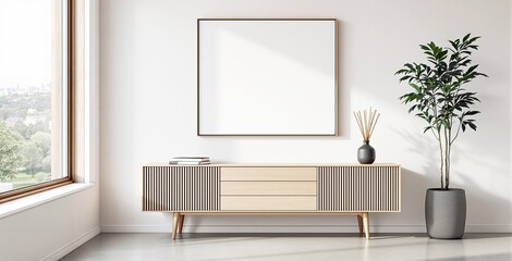 Blank poster frame above wooden console with books, vase, and plant in clean minimalist interior, bright natural light, modern home decor. Ai generative