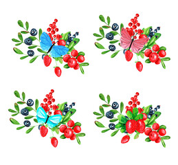 Composition of berries. Strawberries, sea buckthorn, blueberries, black currants, red currants and butterflies. Isolated watercolor illustration, hand drawn. Template for postcard, embroidery, sticker