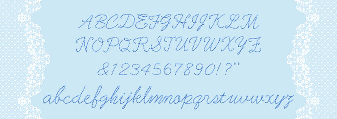 チェーンステッチ筆記体文字とアンティーク風レースフレームのベクターイラスト