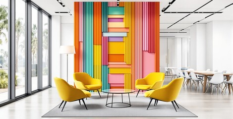 Modern office interior with vibrant geometric wall art, bright yellow chairs, and sleek furniture on a white background. Concept of creative workspace. Ai generative
